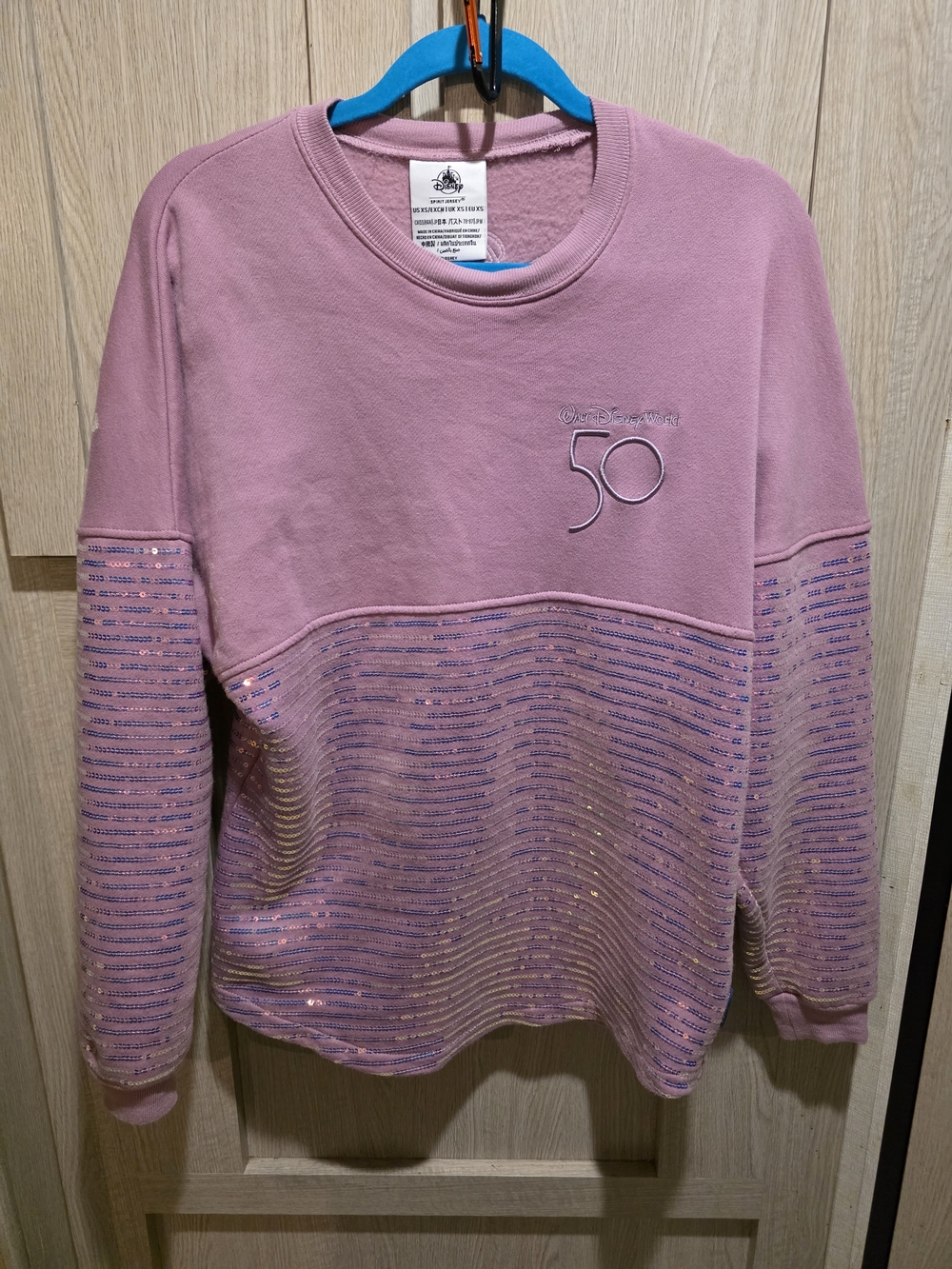 Walt Disney World 50th Anniversary Blush Pink Iradescent Sequin Spirit Jersey XS